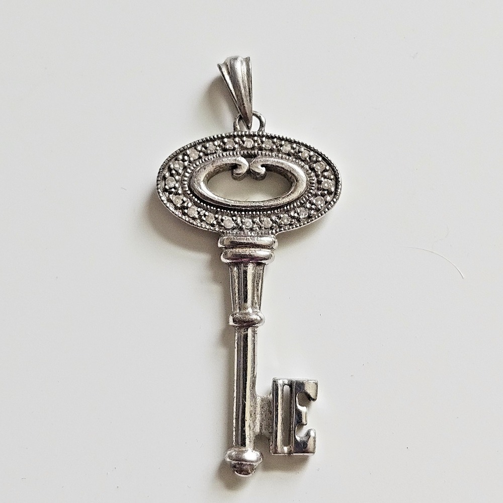 Sterling Silver Key Pendant Lab Created Diamond Accents
